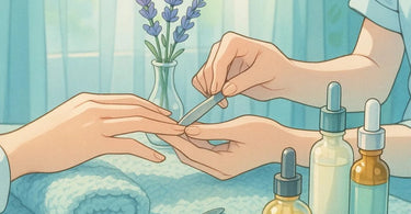 A spa professional gently holding a client's hands during a nail care consultation