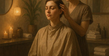 A spa client comfortably wrapped in a soft white treatment cape, experiencing relaxation and transformation during a professional beauty service