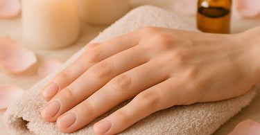 Close-up of a woman's hands with natural, naked nails being cared for by a professional nail technician