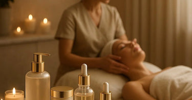 A serene spa treatment room featuring a client receiving a luxurious facial, with an esthetician using advanced tools, conveying premium service and relaxation.