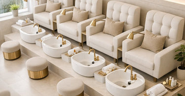 A serene client relaxing in a luxurious, modern pedicure chair with an illuminated glass basin, embodying the ultimate spa experience.