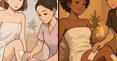 Side-by-side illustrations comparing a nervous first-time waxing client and a relaxed, experienced waxing client in a spa setting