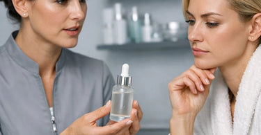 A spa professional gently applying serum to a client's face during a facial treatment, demonstrating product use and building trust for retail sales.