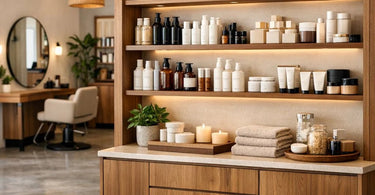 A moody and modern salon interior featuring a beautiful wood-paneled accent wall with a mix of light and dark wood tones, a sleek salon chair, and lush greenery, illustrating the psychology of wood tones in design.