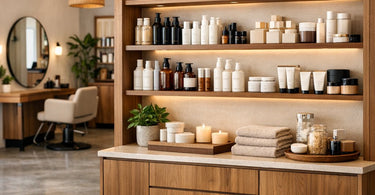 A moody and modern salon interior featuring a beautiful wood-paneled accent wall with a mix of light and dark wood tones, a sleek salon chair, and lush greenery, illustrating the psychology of wood tones in design.