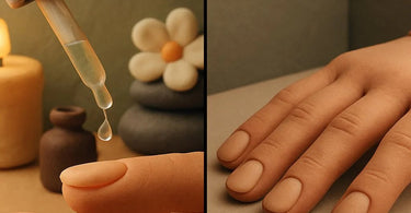 A side-by-side comparison showing a bottle of quick dry nail drops and a client waiting for their nails to dry traditionally
