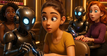 Futuristic robotic arm applying nail polish to a client's hand in a modern salon setting