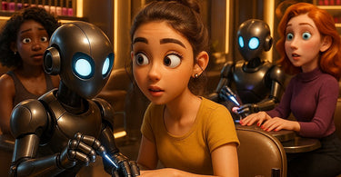 Futuristic robotic arm applying nail polish to a client's hand in a modern salon setting