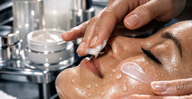 Close-up of a woman receiving a professional hydrating facial treatment, with droplets of serum on glowing skin, showcasing the skin flooding trend.