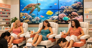 A modern nail bar featuring a 'Me-Dia' wall with integrated entertainment screens, stylish nail tables, and comfortable client seating.