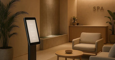 Smartphone with a digital tipping app open, showing a QR code and tip amounts, placed on a spa towel next to a treatment bowl