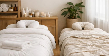 Close-up of luxurious, crisp white massage linens on a professional spa table, showing fine texture and neat folding.