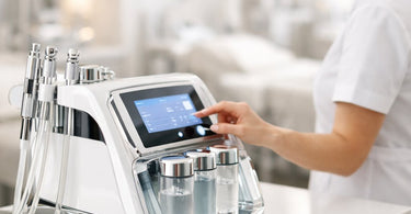 A modern professional microdermabrasion machine on a spa table, with crystal tips and skincare serums, ready for a facial treatment