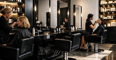 A modern, stylish salon interior featuring a contrast of light wood and dark walls, with sleek black salon chairs and minimalist decor.