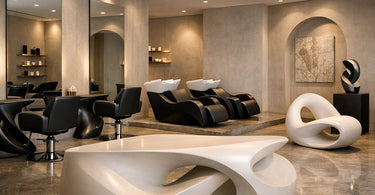 Sculptural salon furniture pieces including a unique reception desk and stylish chairs, showcasing furniture as art in a modern spa setting