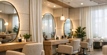 A modern, open salon space with a variety of textures including a fabric acoustic panel on the ceiling, a woven rug on the floor, and upholstered furniture, illustrating the role of texture in acoustic control.