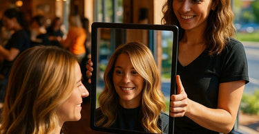 A hairstylist and client smiling as they check the hair color in natural light by a window in a modern salon.