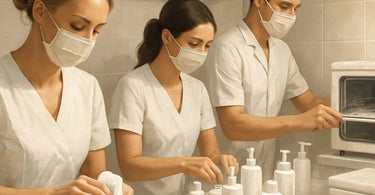 A spa professional visibly cleaning a treatment table with disinfectant spray and a fresh towel, demonstrating transparent sanitation protocols.