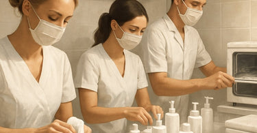 A spa professional visibly cleaning a treatment table with disinfectant spray and a fresh towel, demonstrating transparent sanitation protocols.