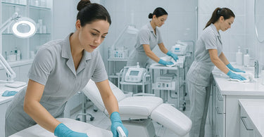 Sanitation theater in action at a modern spa station showing visible cleaning protocols