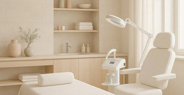Serene Scandinavian-inspired spa treatment room with minimalist decor, wooden accents, and neatly organized professional products