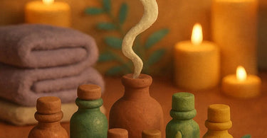 A serene spa setting featuring essential oil diffusers and aromatherapy products arranged on a massage table