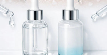Close-up dewy skin with droplets showcasing the hydrating effects of polyglutamic acid and hyaluronic acid serums