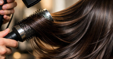 A hairstylist using a round brush and blow dryer to create a smooth, shiny blowout on a client's hair, showcasing the glossy finish.