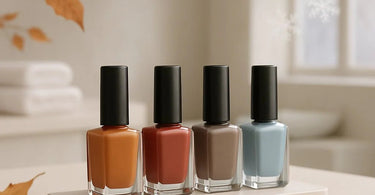 A stylish flat lay of autumn-inspired nail polish bottles in shades of burgundy, chocolate brown, and olive green, arranged on a cozy knit blanket with fallen leaves and pumpkins.