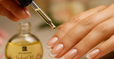 CND SolarOil bottle with manicured hands showing healthy, hydrated cuticles