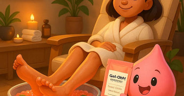 A vibrant Jelly Pedicure in progress, showing colorful jelly mask applied to feet for a luxurious spa treatment