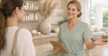A serene spa treatment room with soft lighting, a comfortable massage table with warm towels, and minimal clutter, illustrating a calm sensory environment.