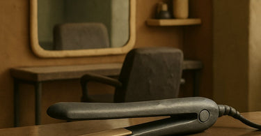 A professional hairstylist using a flat iron to create a sleek, smooth style on a client's hair in a modern salon.
