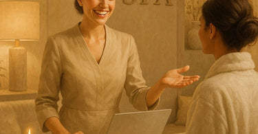 A spa receptionist warmly greeting a client with a smile in a serene, beautifully decorated spa lounge area