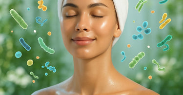 Aesthetician using a facial steamer on a client during a nurturing, microbiome-friendly facial treatment in a modern spa setting