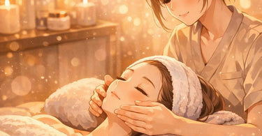 Woman receiving a deeply relaxing facial treatment in a serene spa setting, eyes covered with soothing pads, embodying the Sleeping Beauty Facial experience