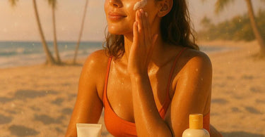 Woman applying sunscreen at the beach, showcasing summer skincare with SPF protection