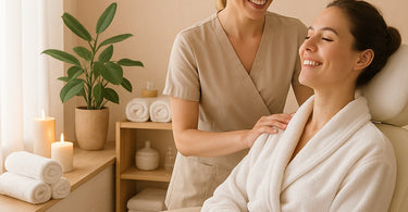 Professional esthetician performing a Brazilian wax in a spa setting