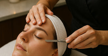 Professional dermaplaning treatment being performed with precision on client's cheek