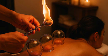 Professional fire cupping therapy in action at a spa, showing glass cups placed on a client's back