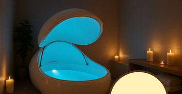 A serene float tank therapy session in a modern spa setting, showcasing a client relaxing in a sensory deprivation pod