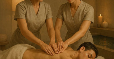 Two massage therapists performing synchronized four-hands massage on client at spa