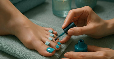 Professional gel pedicure in progress with polished toes under LED lamp