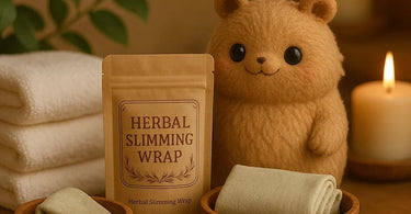 Professional herbal slimming wrap application in a spa setting showing wrapped abdomen with thermal blankets