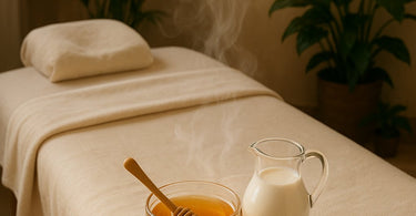 Close-up of a spa professional applying a honey and milk hydration wrap on glowing skin