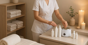 Professional leg waxing in progress showing smooth application and removal technique