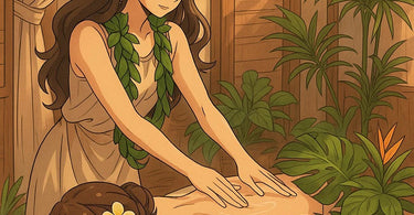 Therapist performing traditional Lomi Lomi Hawaiian massage with flowing arm movements on relaxed client