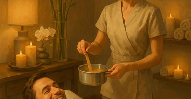 Professional esthetician performing chest wax on male client in spa setting