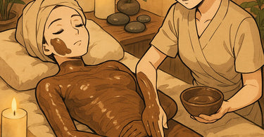 Spa professional applying warm detox mud wrap during luxurious body treatment