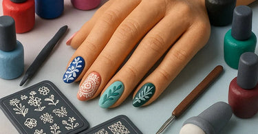 Close-up of a nail art stamping session showing vibrant designs on a stamper and finished nails